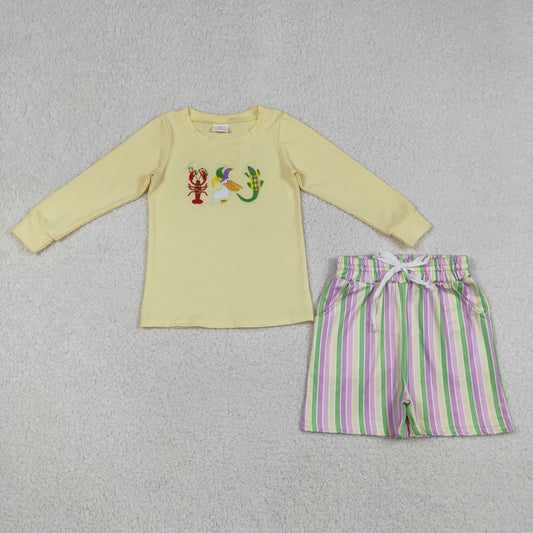 Embroidery Crayfishes Crocodile Baby Boys Mardigras Stripe Pockets Shorts Clothes Sets