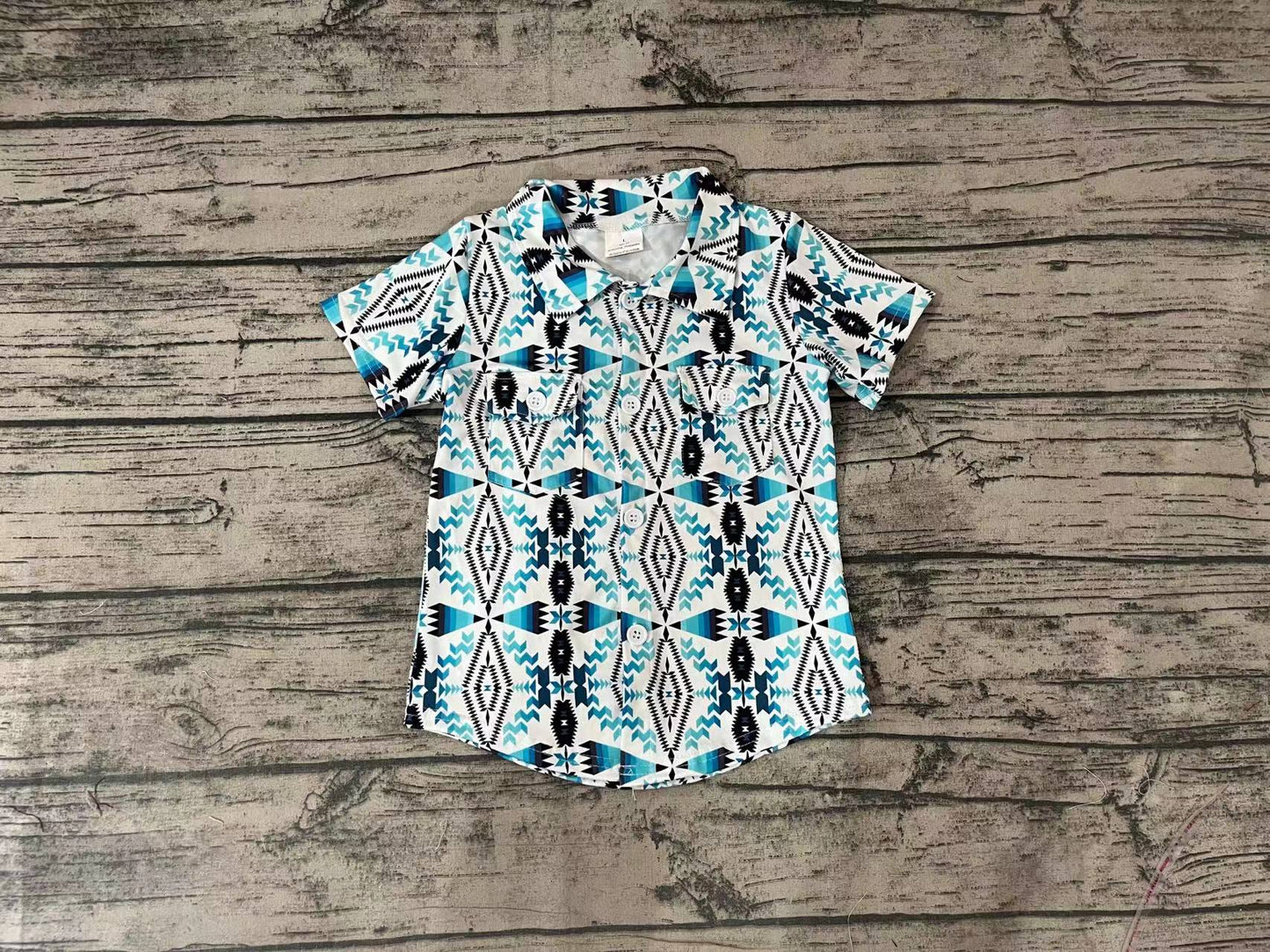 Baby Boys Teal White Aztec Western Short Sleeve Buttons Shirts Tops