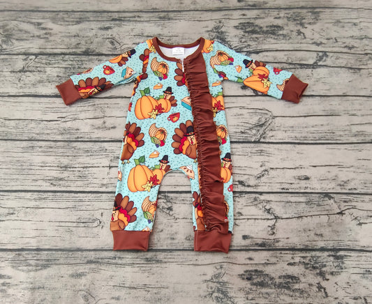 Baby Girls Thanksgiving Turkey Zip Long Sleeve Rompers