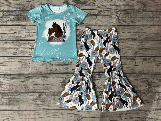 Baby Girls Horse Western Shirt Boots Bell Pants Clothes Sets