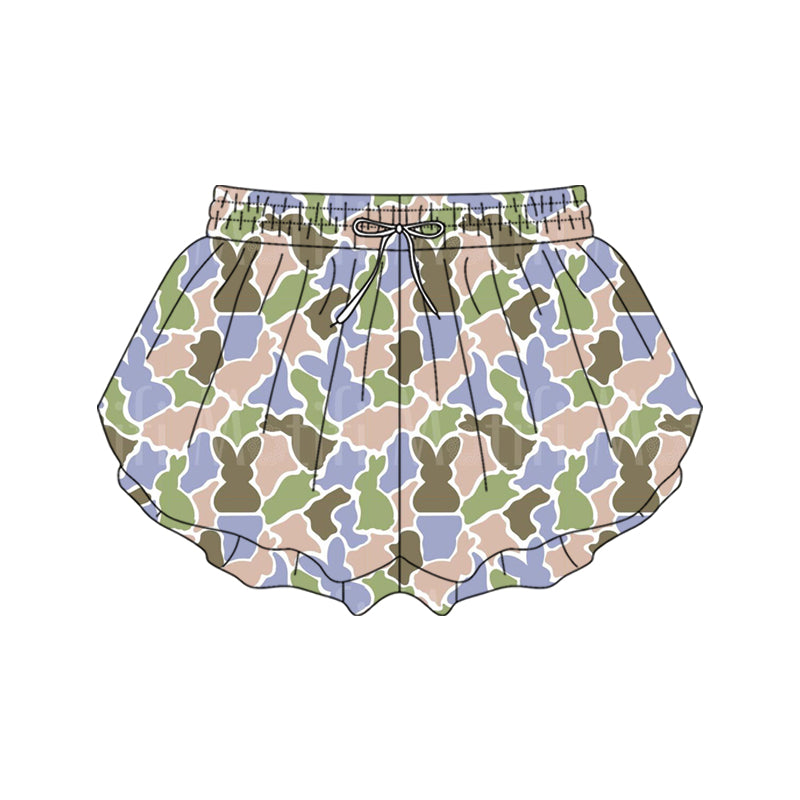 Preorder moq 5 Adult Women Colorful Rabbits Camo Easter Ruffle Shorts Bottom