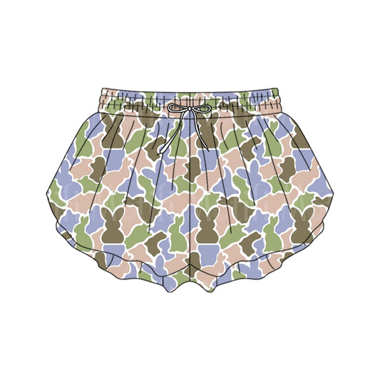 Preorder moq 5 Adult Women Colorful Rabbits Camo Easter Ruffle Shorts Bottom