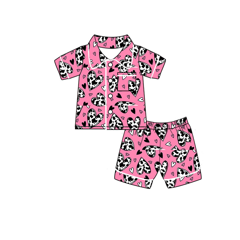 Baby Kids Western Pink Cow Print Hearts Buttons Shirt Shorts Pajamas Clothes Sets preorder(moq 5)