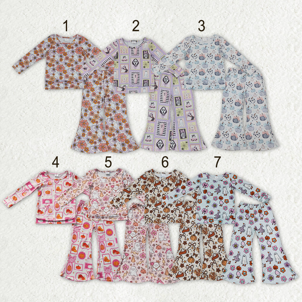 Sibling Baby Girls Ghost Pumpkins Flowers Top Flare Pant Halloween Set