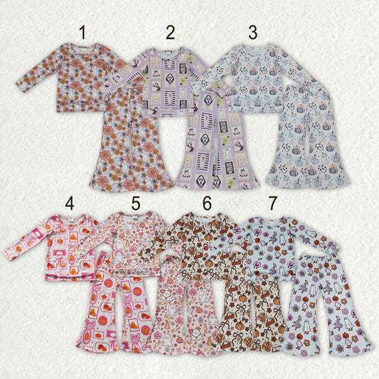 Sibling Baby Girls Ghost Pumpkins Flowers Top Flare Pant Halloween Set