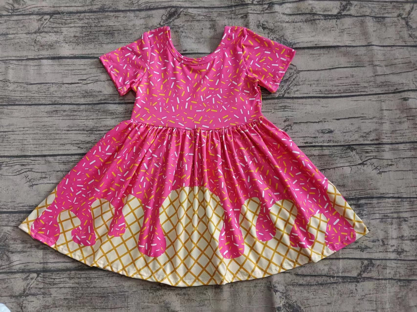 Preorder moq 5 Baby Girls Pink Ice Cream Drips Knee Length Dresses