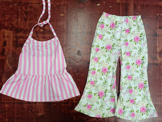 Preorder moq 5 Baby Girls Strap Pink Stripe Tunic Flowers Bell Bottom Pant Set