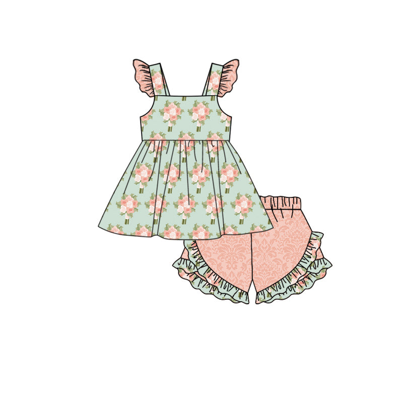 Preorder (moq 5)Baby Girls Green Pink Flowers Tunic Top Ruffle Shorts Clothes Sets