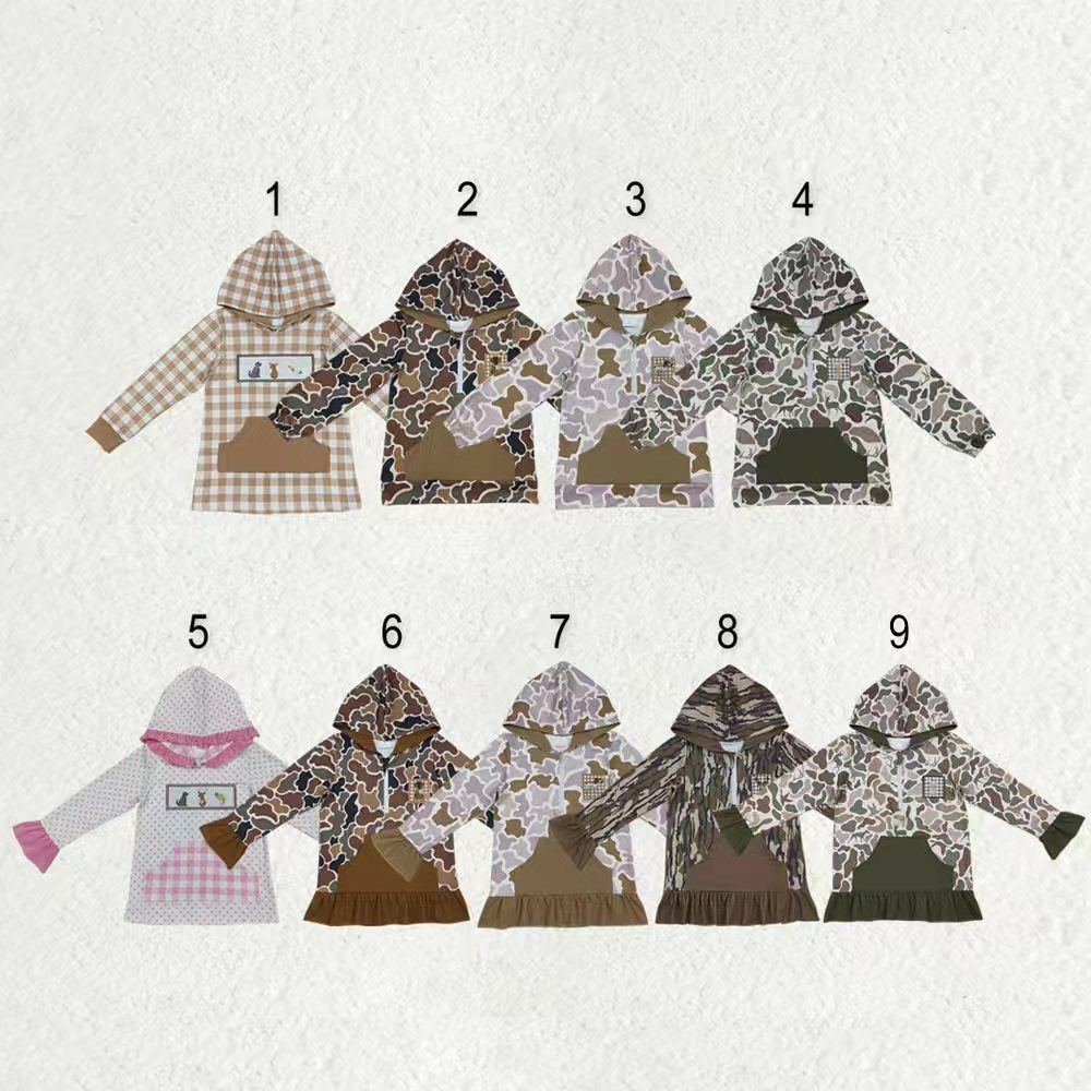 Sibling Baby Kids Camo Embroidery Ducks Dogs Deer Pocket Zip Hunting Hoodies Top