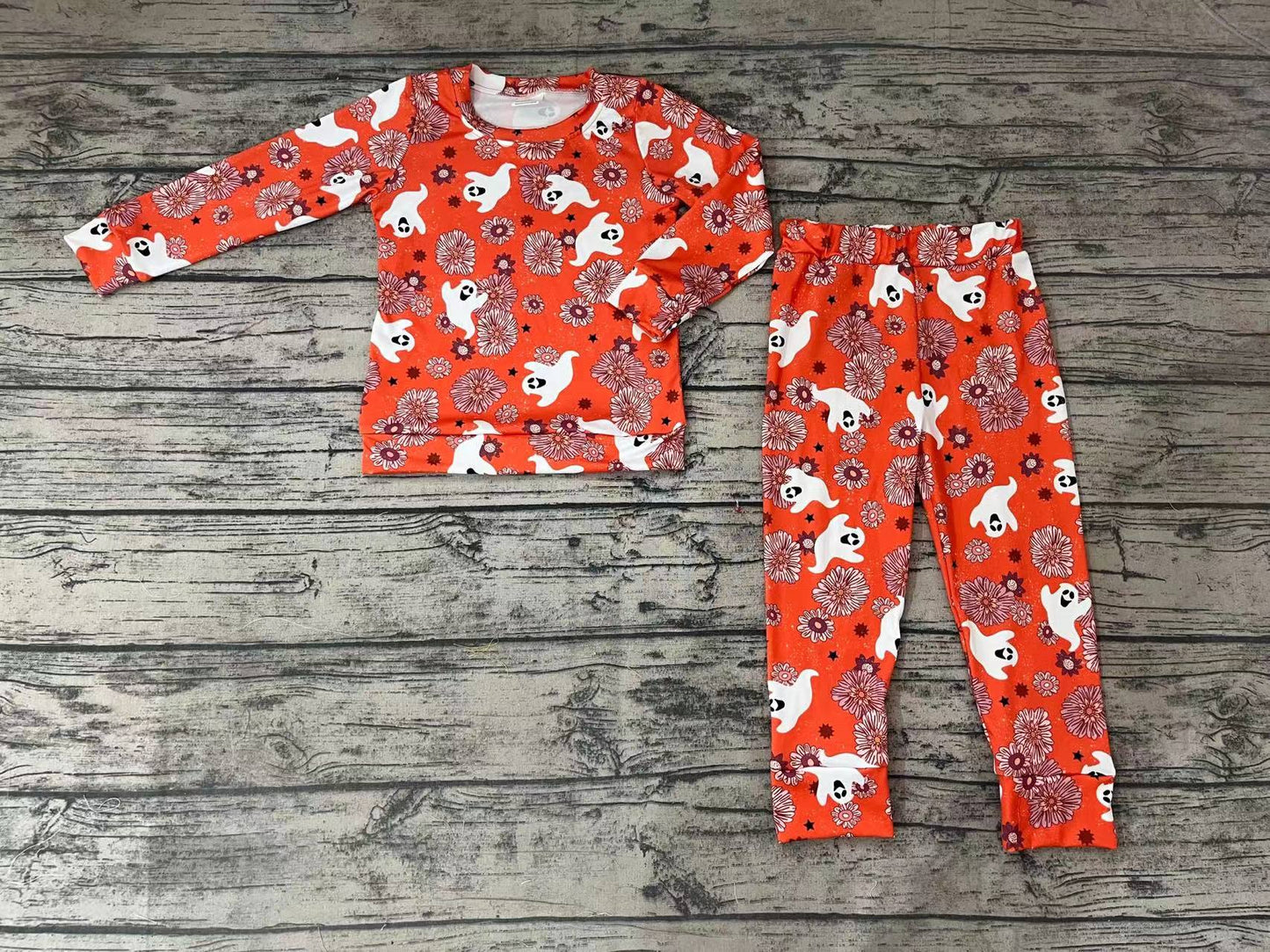 Baby Girls Halloween Ghost Orange Flowers Long Sleeve Tee Top Pants Clothes Sets