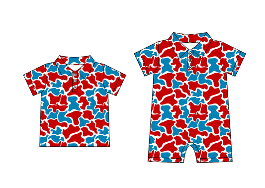 Preorder moq 5 Custom Baby Boys Blue Red Camo Button Polo Shirts Top Rompers
