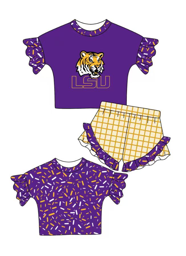 Preorder (moq 5)Baby Girls Purple Sprinkles LSU Tiger Top Checked Ruffle Shorts Team Clothes Set