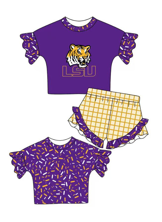 Preorder (moq 5)Baby Girls Purple Sprinkles LSU Tiger Top Checked Ruffle Shorts Team Clothes Set