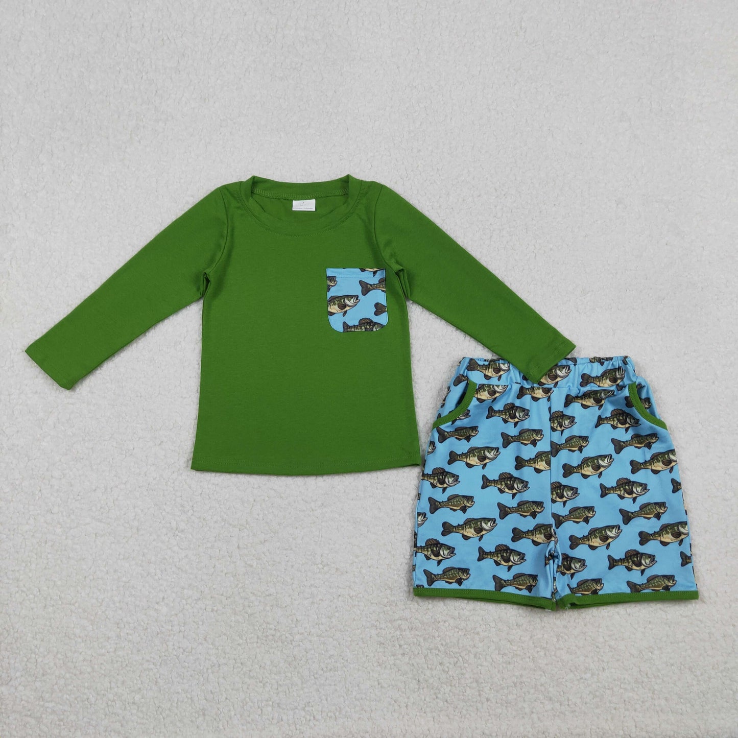 Baby Boys Green Long Sleeve Fishes Plaid Top Pockets Shorts Hunting Clothes Sets