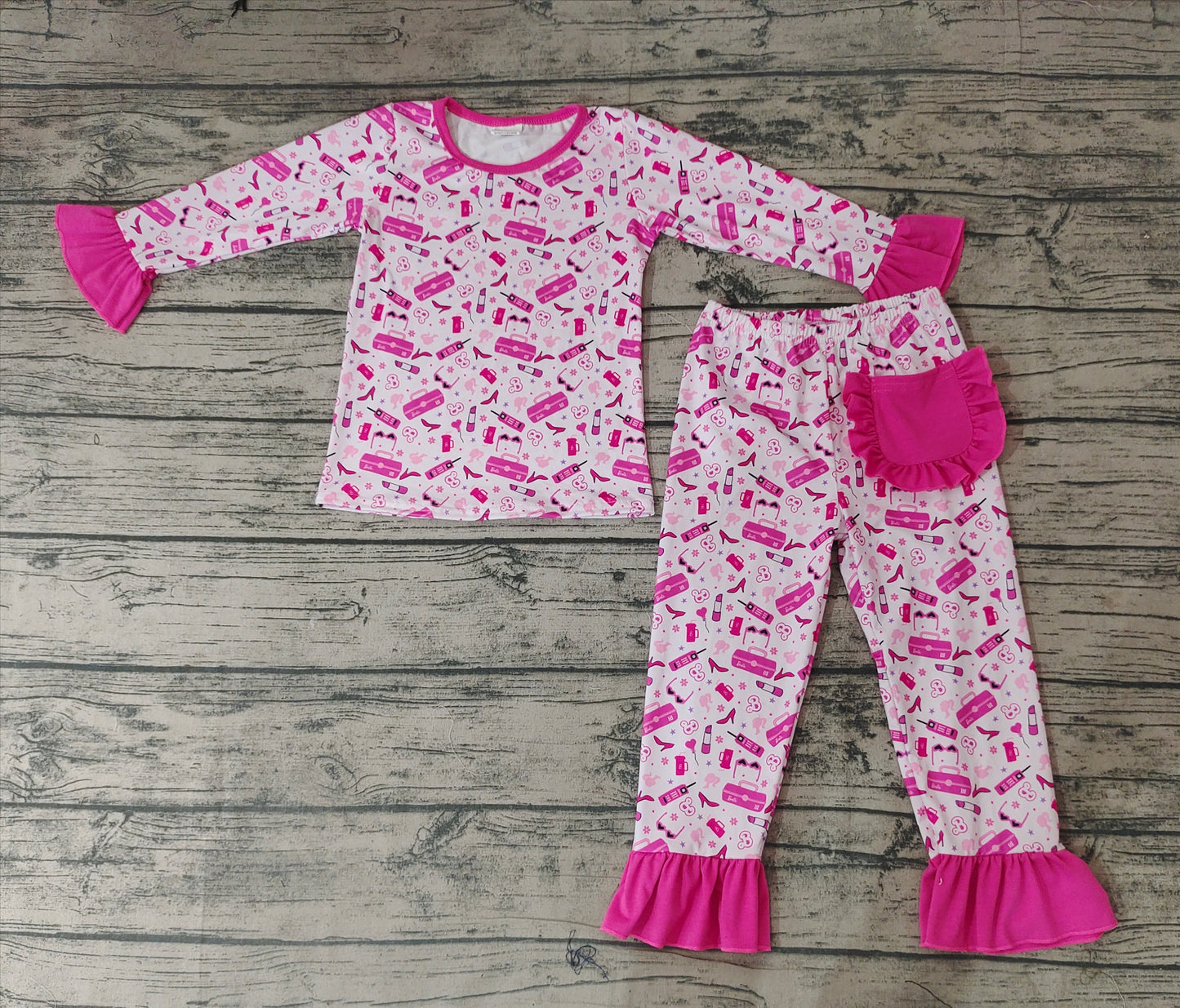 Baby Girls Doll 2pcs Pink Color Ruffle Jammies Pajamas Clothes Sets