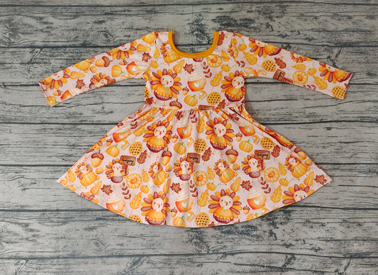 Baby Girls Pumpkin Turkey Thanksgiving Fall Knee Length Ruffle Dresses