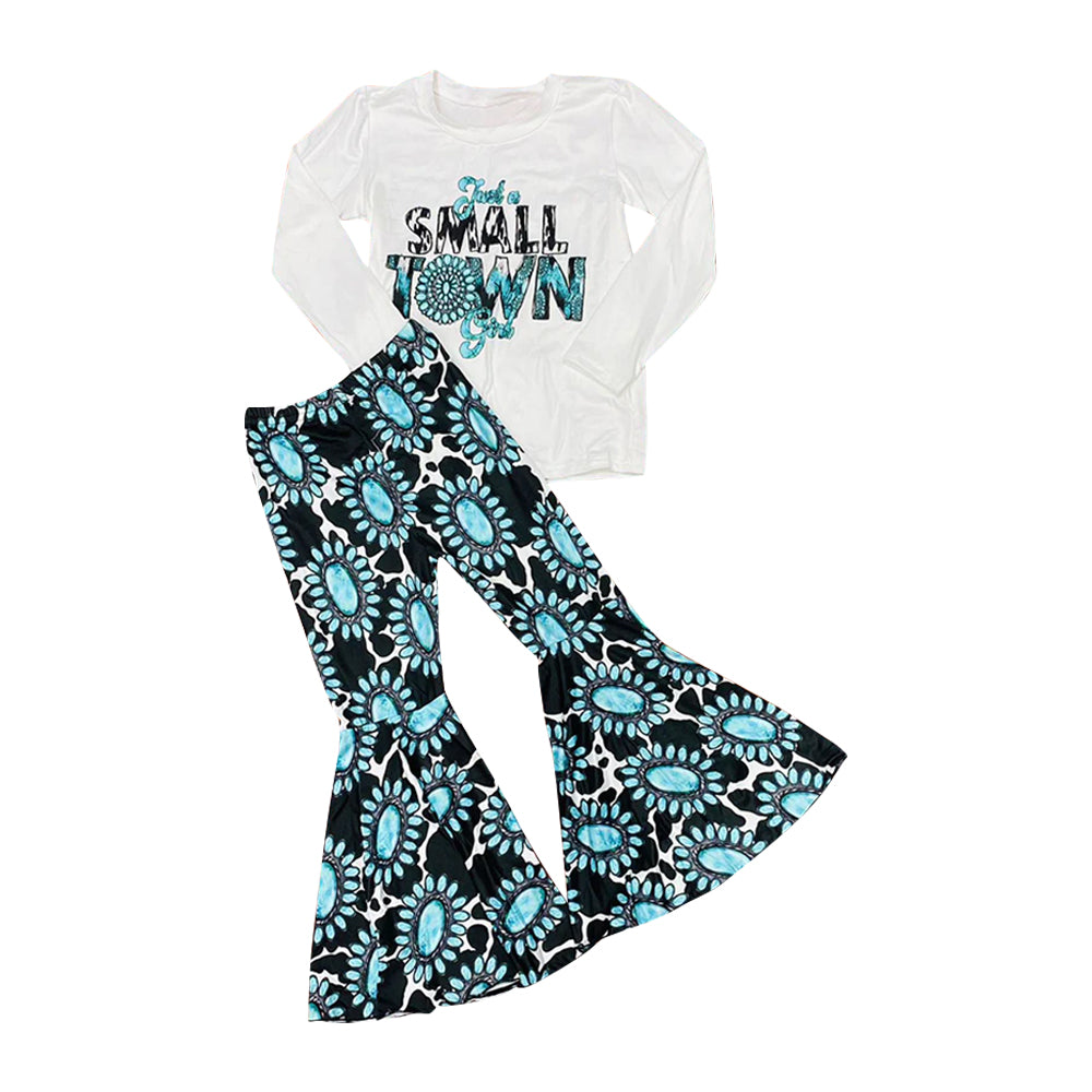 Baby Girls Small Town Tee Shirts Tops Turquoise Bell Pants Clothes Sets preorder(moq 5)
