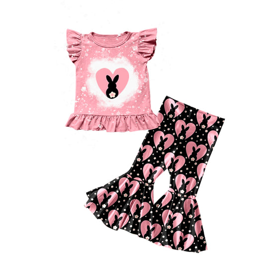 Baby Girls Easter Pink Flutter Sleeve Shirts Rabbits Bell Pants Clothes Sets preorder(moq 5)