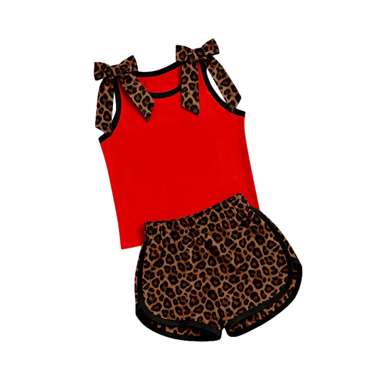 Preorder (moq 5)Baby Girls Red Bows Shirts Leopard Shorts Clothes Sets