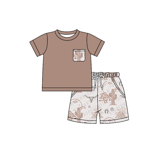 Baby Boys Brown Pocket Top Western Cow Cactus Shorts Clothing Sets Preorder(moq 5)