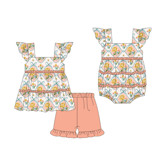 Preorder moq 5 Custom Baby Girls Flutter Sleeves Peach Bows Floral Tunic Ruffle Short Set Rompers