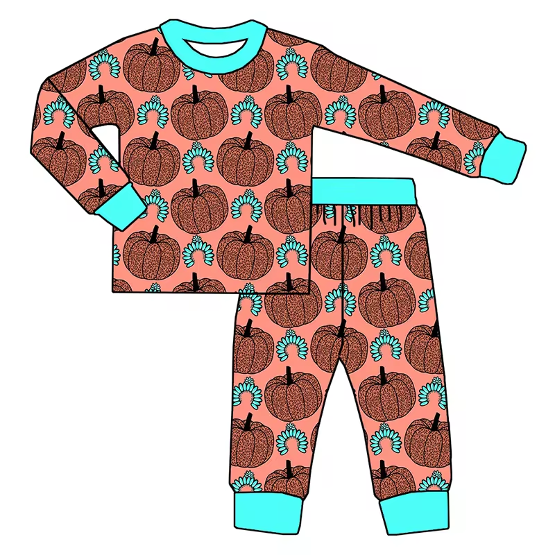 Baby Boys Bamboo Turquoise Pumpkin Shirt Pants Pajamas Clothes Sets Preorder(moq 5)