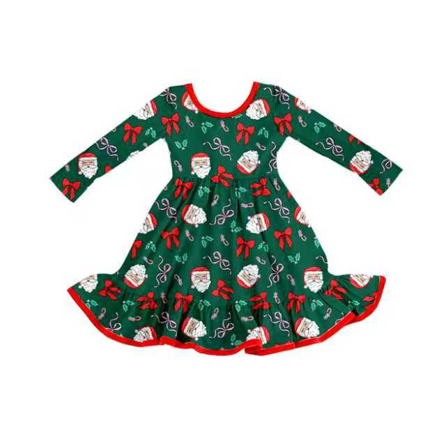 Preorder (moq 5)Baby Girls Santa Bows Candy Cane Christmas Ruffle Knee Length Dresses