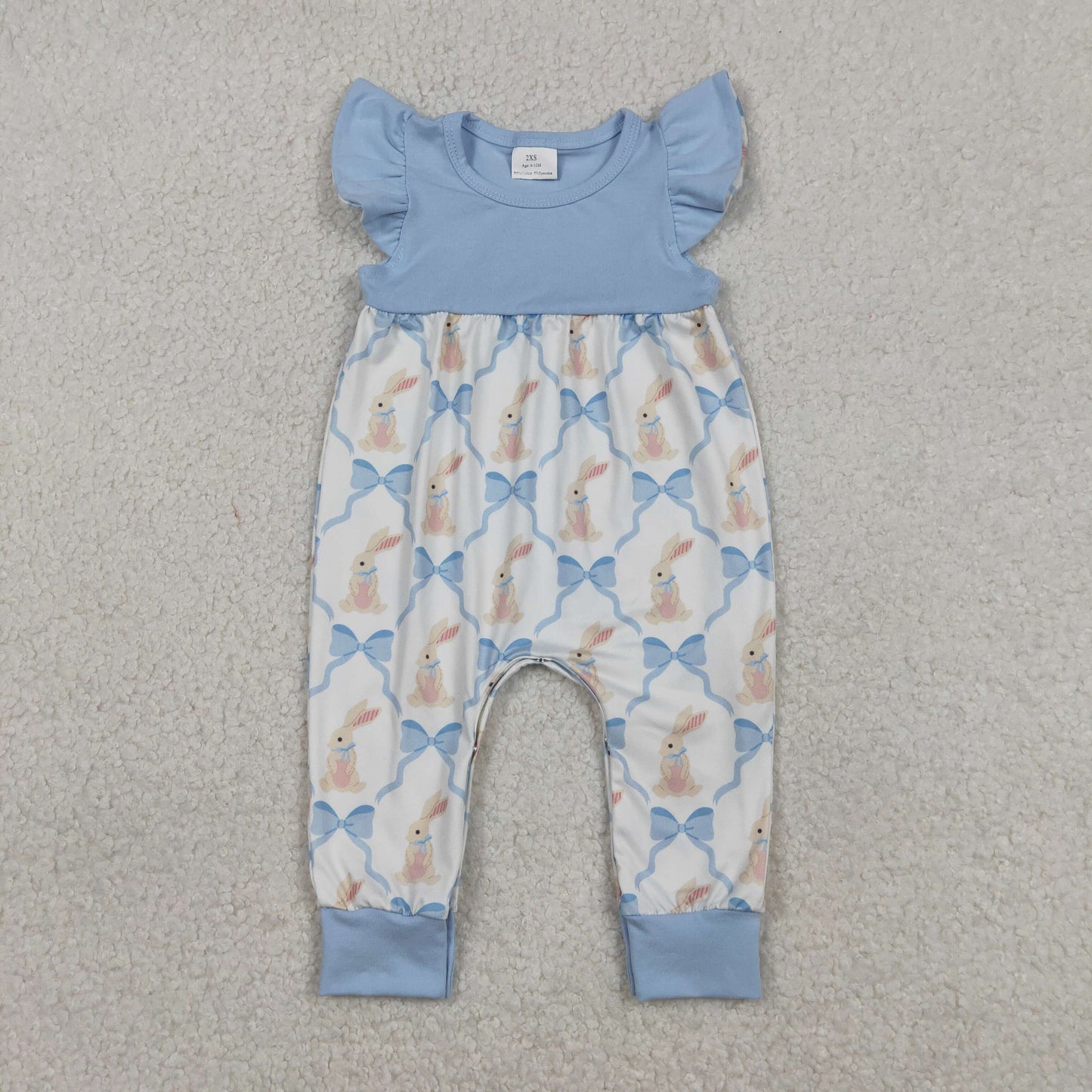Baby Girls Flutter Sleeve Bows Rabbits Checked Easter Rompers