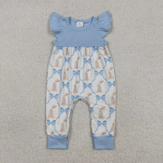Baby Girls Flutter Sleeve Bows Rabbits Checked Easter Rompers