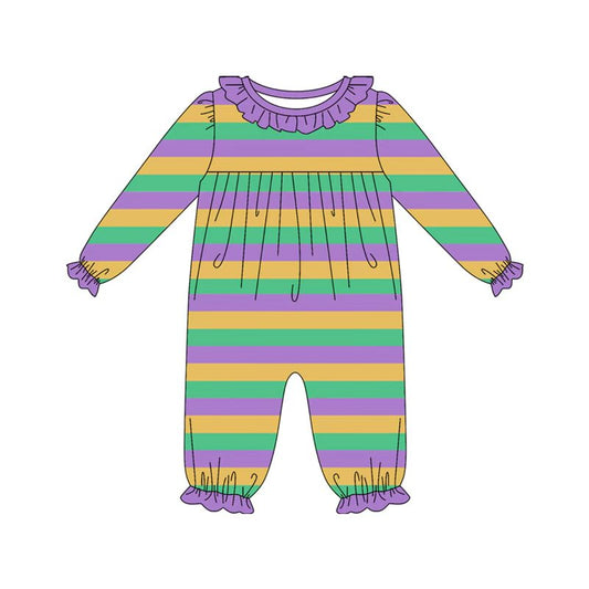 Preorder(moq 8)Baby Girls Mardigras Stripes Ruffle Collar Footie Rompers