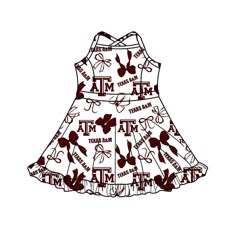 Preorder (moq 5)Baby Girls Strap Bows ATM Team Shorts Ruffle Knee Length Dress