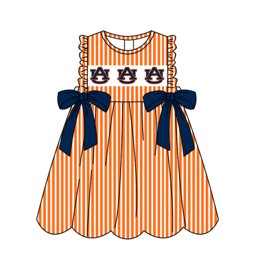 Preorder (moq 5)Baby Girls Sleeveless Orange Stripe AU Bows Team Knee Length Dresses