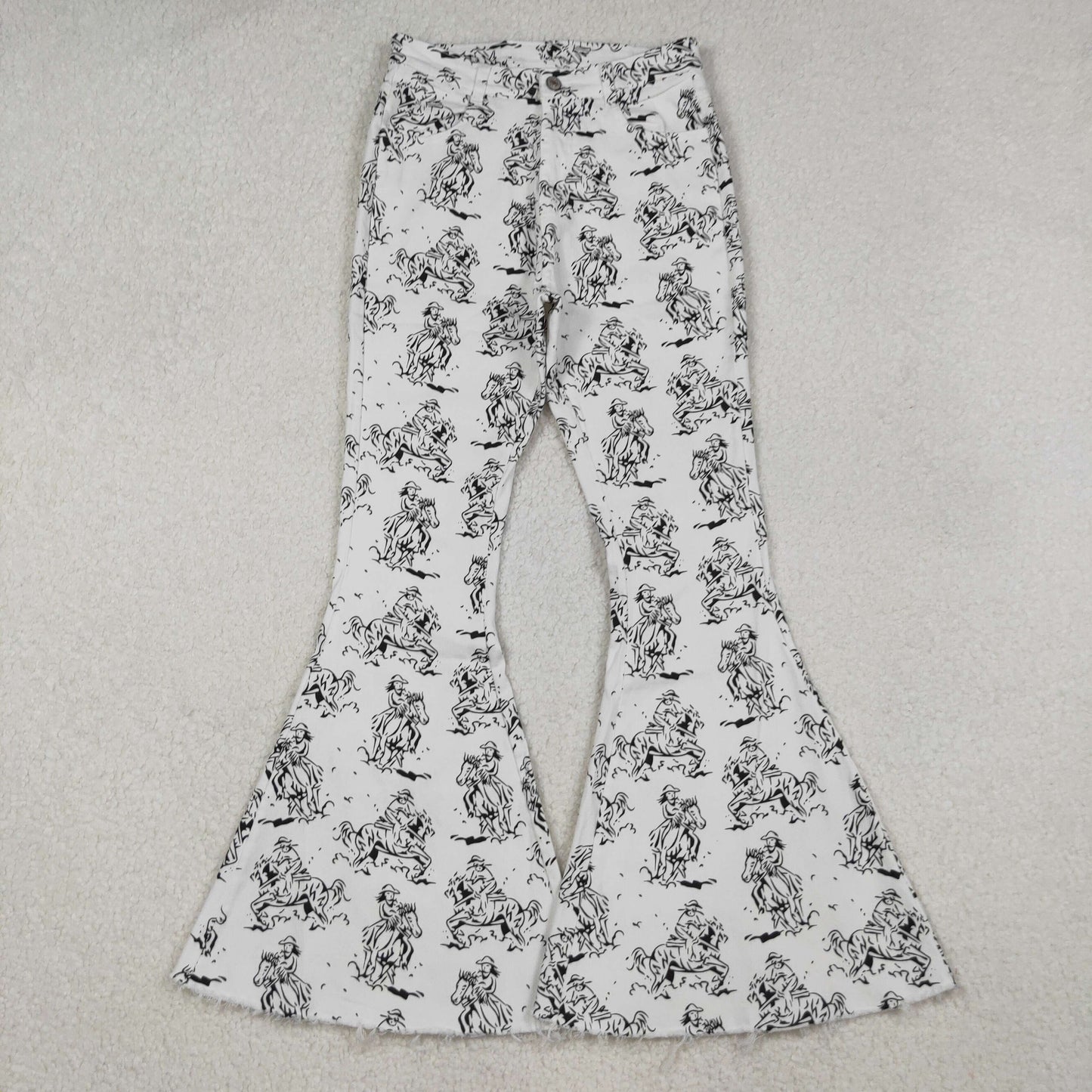 Adult Women White Western Rodeo Denim Bell Bottom Pants Jeans