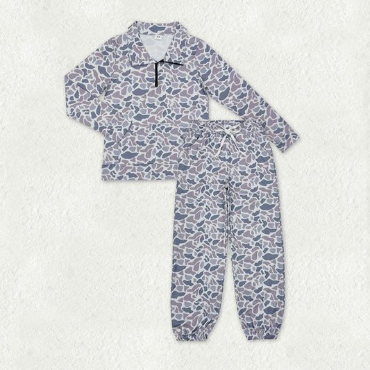 Adult Women Grey Camo Zipper Pullovers Top Yoga Active Pockets Jogger Clothes Sets