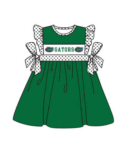 Preorder (moq 5)Baby Girls Polka Dots Flutter Sleeve Gators Team Knee Length Dresses