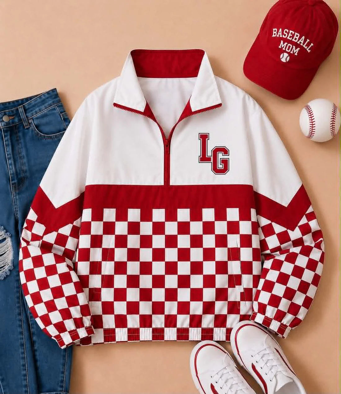 Preorder (moq 5)Baby Boys Long Sleeve Red Checked LG Team Zip Pullovers Tops