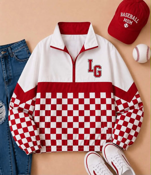 Preorder (moq 5)Baby Boys Long Sleeve Red Checked LG Team Zip Pullovers Tops
