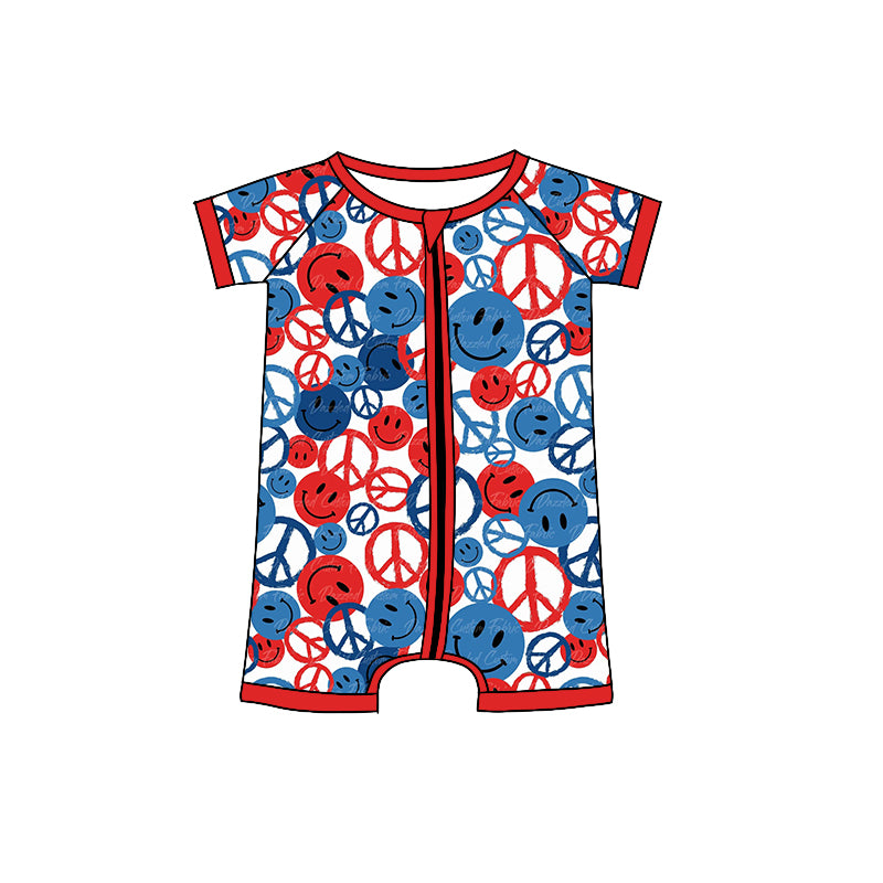 Baby Infant 4th Of July Smile Short Sleeve Zip Rompers preorder(moq 5)