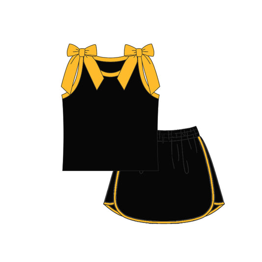 Preorder (moq 5)Baby Girls Gold Black Bows Sleeveless Shirts Skirt Shorts Clothes Sets
