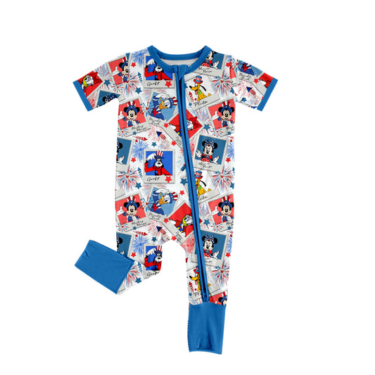 Baby Infant Boys Blue Cartoon Mouse 4th Of July Zip Rompers preorder(moq 5)