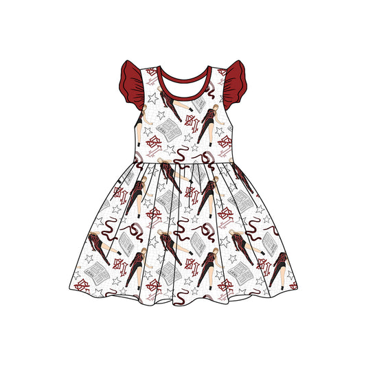 Preorder (moq 5)Baby Girls Red Singer Flutter Sleeve Knee Length Dresses