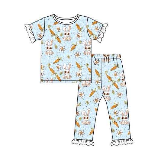 Baby Girls Easter White Rabbit Top Blue Pants Pajamas Sets preorder(MOQ 5)