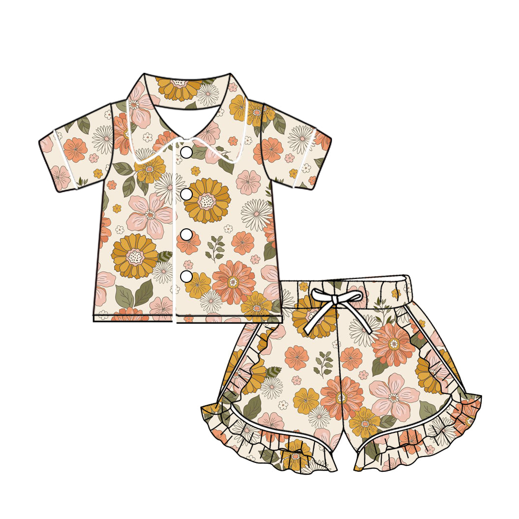 Baby Girls Orange Flowers Buttons Top Ruffle Shorts Pajamas Sets preorder(MOQ 5)