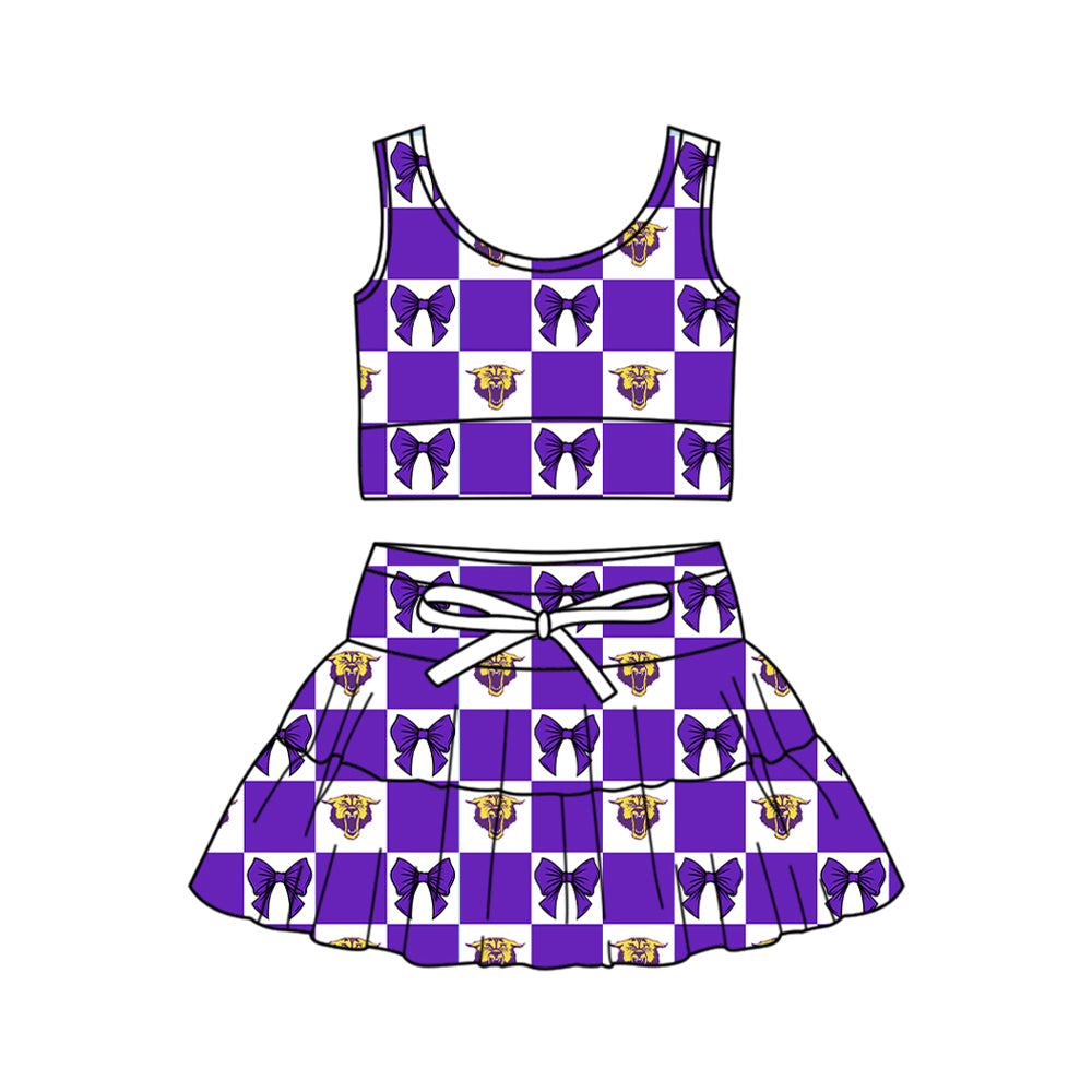 Preorder (moq 5)Baby Girls Purple Bows Wildcats Checked Vest Skirt Short Team Clothes Sets