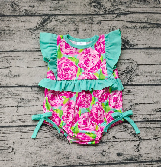 Baby Infant Girls Ruffle Pink Rose Flowers Rompers