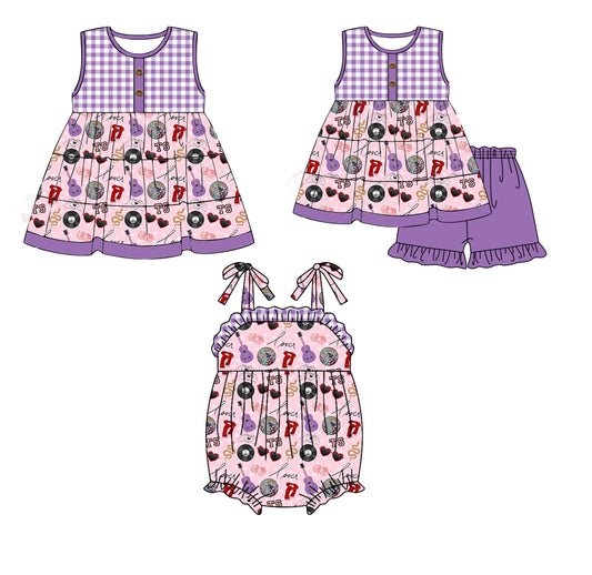 Preorder(moq 5 each)Sibling Baby Girls TS Singer Purple Checkered Spring Romper Dress Shorts Sets