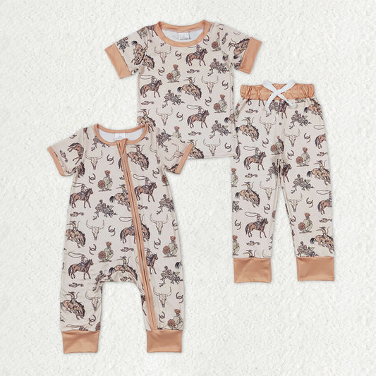 Sibling Baby Boys Horses Cows Pants Western Pajamas Set Zipper Rompers