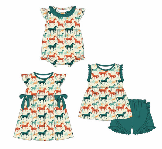 Preorder moq 5 Custom Baby Girls Flutter Sleeves Colorful Horses Tunic Ruffle Short Set Knee Length Dress And Rompers