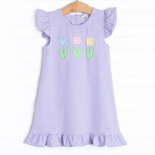 Baby Girls Lavender Stripes Flowers Knee Length Dresses split order preorder May 23th