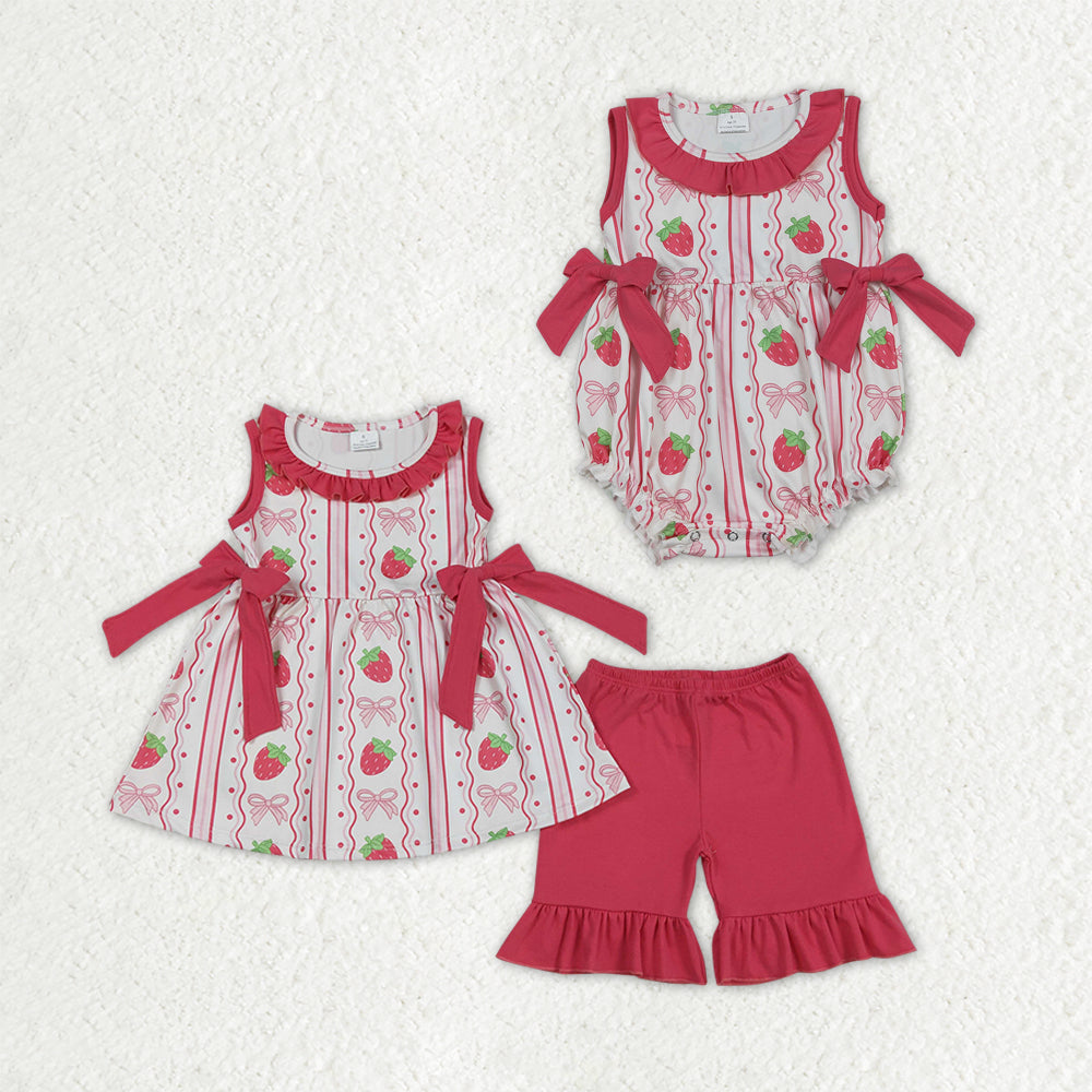 Sibling Baby Girls Bows Strawberry Stripe Tunic Ruffle Short Clothes Set Rompers